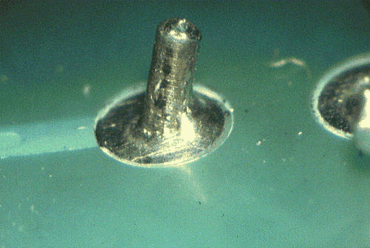Figure 1: Here, the brass pins had not been plated with copper before tin lead plating